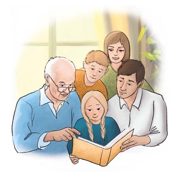 Familie liest gemeinsam das Klimabuch